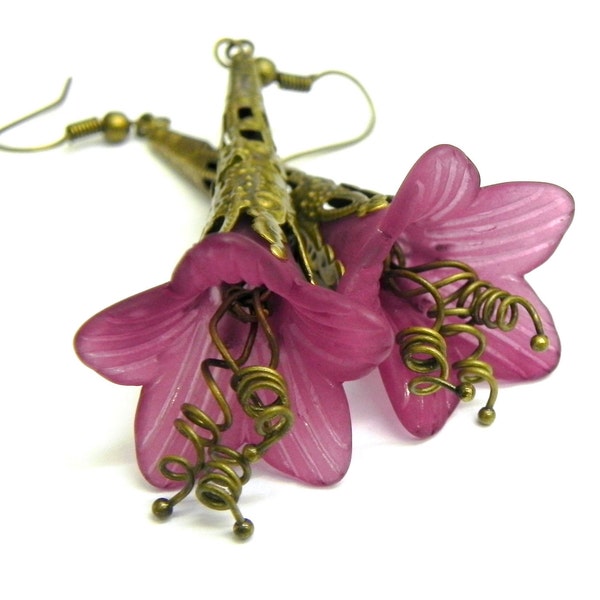 Lucite Flower Earrings - Plum Trumpet  - Brass Filigree Cone