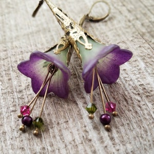 Lucite Trumpet Flower Earrings Hand painted Victorian Purple Green Lily Swarovski crystals Birthday gift idea Romantic Bohemian Wedding image 7