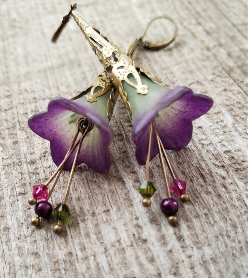 Lucite Trumpet Flower Earrings Hand painted Victorian Purple Green Lily Swarovski crystals Birthday gift idea Romantic Bohemian Wedding image 7