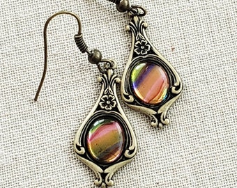 Victorian Earrings Antiqued Brass Earrings Vintage German Rainbow Glass Cabochons Bridal Birthday Gift Romantic Wedding Dress Fairycore