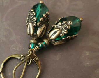 Art Nouveau Emerald Green Earrings Victorian Earrings Faceted Glass Teardrops Art Deco Birthday gift Bohemian Wedding Vintage Dress