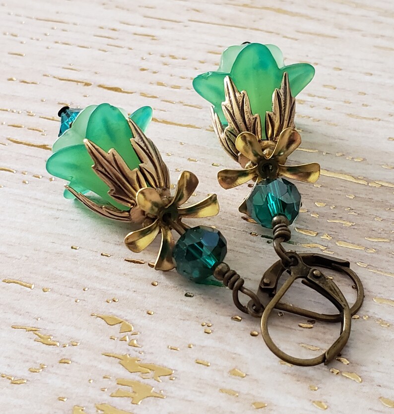 Victorian Lucite Flower Earrings Green Blue Tulips Swarovski Fairycore Bridesmaids Gift Idea Fairytale Wedding Vintage Renaissance Fair image 2