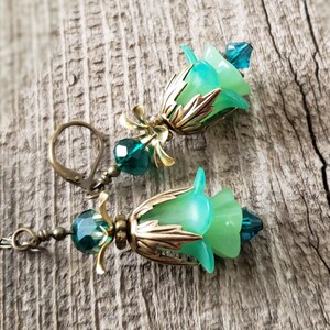 Victorian Lucite Flower Earrings Green Blue Tulips Swarovski Fairycore Bridesmaids Gift Idea Fairytale Wedding Vintage Renaissance Fair image 6