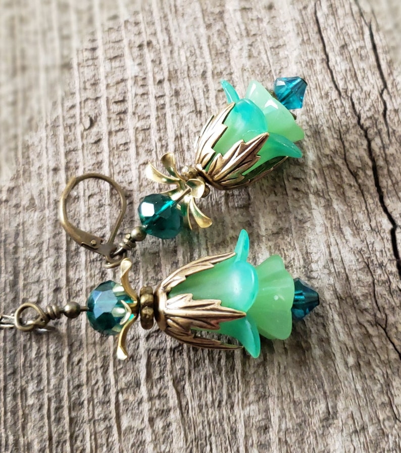 Victorian Lucite Flower Earrings Green Blue Tulips Swarovski Fairycore Bridesmaids Gift Idea Fairytale Wedding Vintage Renaissance Fair image 6