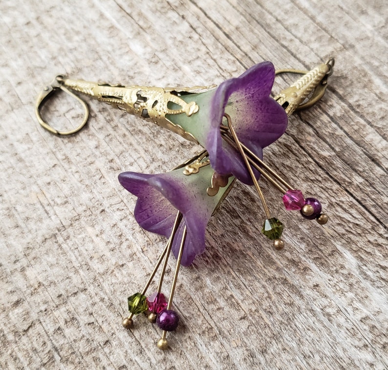 Lucite Trumpet Flower Earrings Hand painted Victorian Purple Green Lily Swarovski crystals Birthday gift idea Romantic Bohemian Wedding image 6