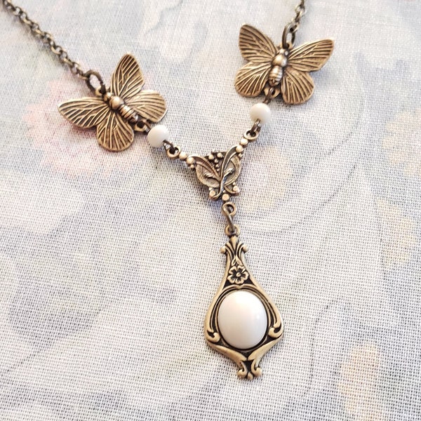 Elegant Victorian Necklace Antiqued Brass Butterflies Ox Bone Pendant Birthday Gift Romantic Wedding Vintage Dress Fairycore Jewelry
