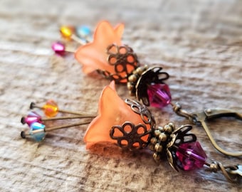 Lucite Fairy Flower Earrings Victorian Orange Trumpet Lily Brass Romantic Dress Bohemian Wedding Bridesmaids Birthday Gift Renaissance Fair