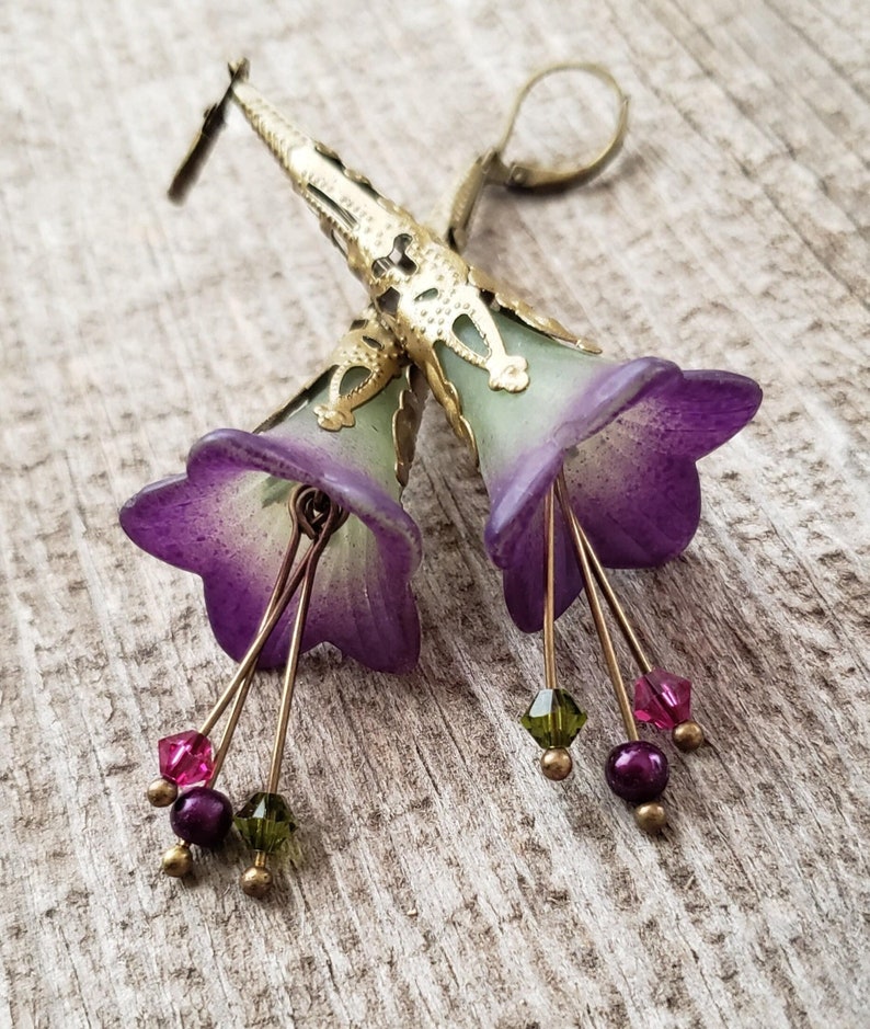 Lucite Trumpet Flower Earrings Hand painted Victorian Purple Green Lily Swarovski crystals Birthday gift idea Romantic Bohemian Wedding image 4