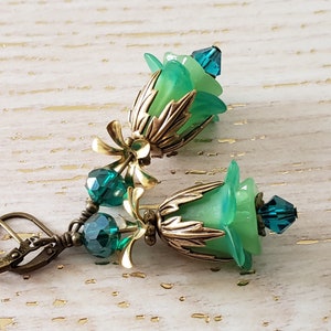 Victorian Lucite Flower Earrings Green Blue Tulips Swarovski Fairycore Bridesmaids Gift Idea Fairytale Wedding Vintage Renaissance Fair image 1