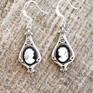 Victorian Cameo Earrings Black White Lady Antiqued Silver Earwires Birthday Gift Romantic Wedding Vintage Dress Gothic Dark Academia image 8
