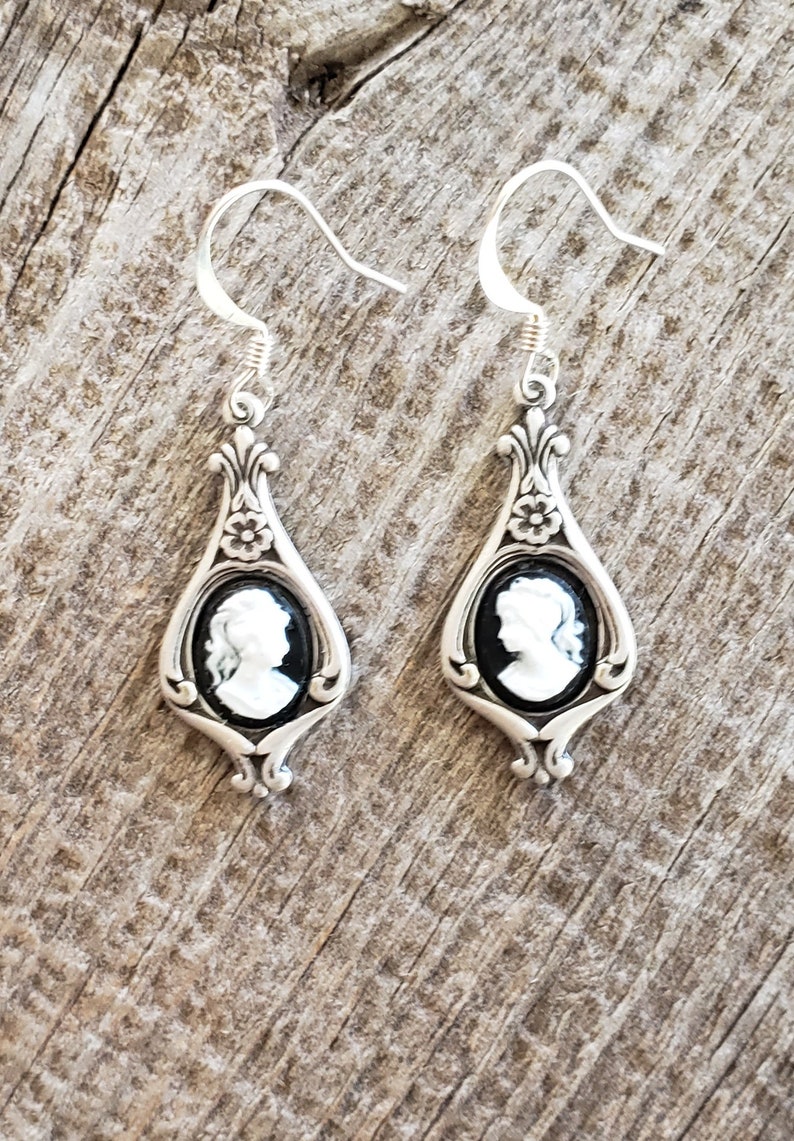 Victorian Cameo Earrings Black White Lady Antiqued Silver Earwires Birthday Gift Romantic Wedding Vintage Dress Gothic Dark Academia image 8