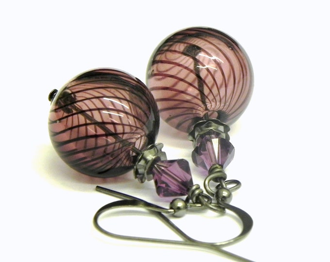 Hand Blown Glass Earrings Plum and Black Swirls Gunmetal Etsy