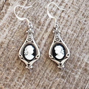 Victorian Cameo Earrings Black White Lady Antiqued Silver Earwires Birthday Gift Romantic Wedding Vintage Dress Gothic Dark Academia image 7