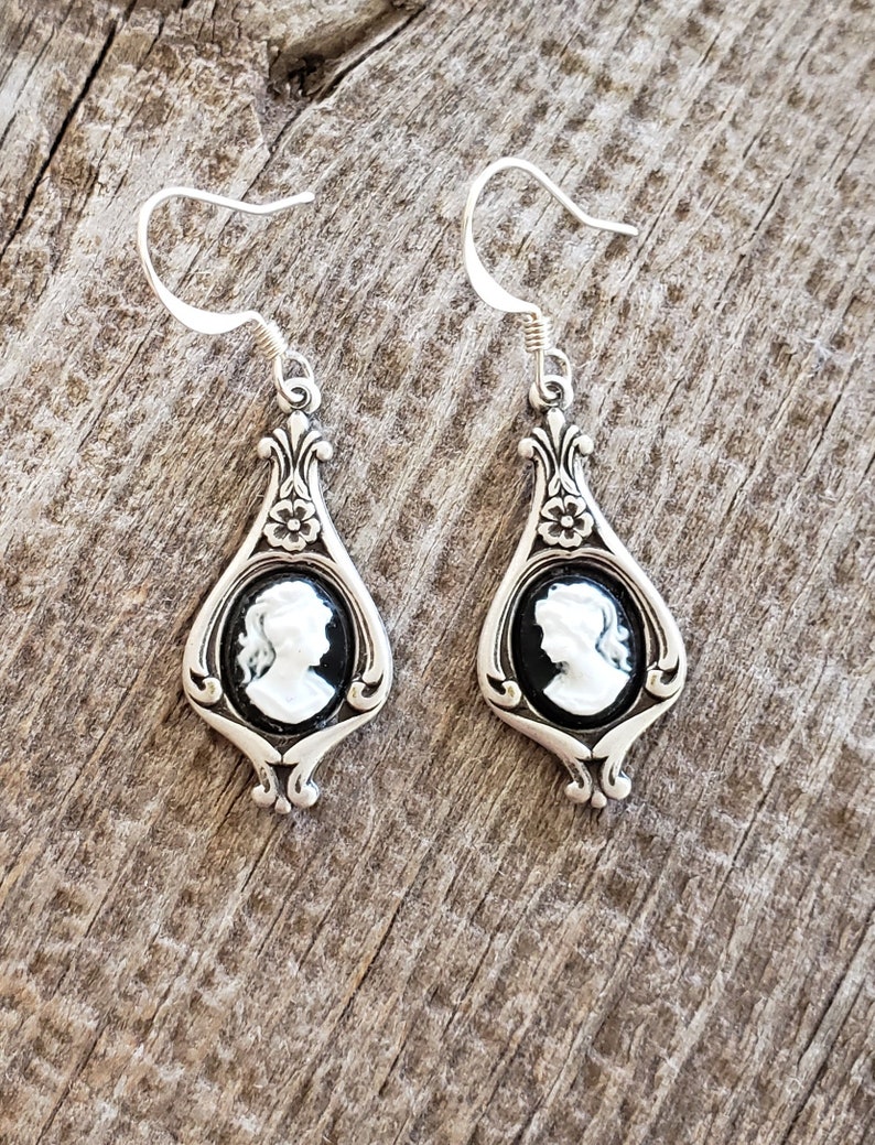 Victorian Cameo Earrings Black White Lady Antiqued Silver Earwires Birthday Gift Romantic Wedding Vintage Dress Gothic Dark Academia image 7