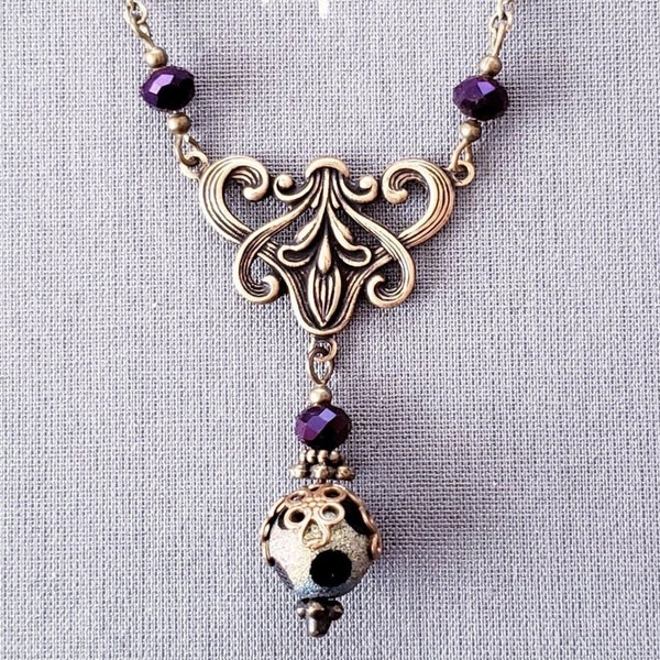 Art Nouveau Necklace Victorian Style Pendant Purple Iridescent  Antiqued Brass Chain Birthday Gift Bohemian Romantic Wedding Vintage Dress