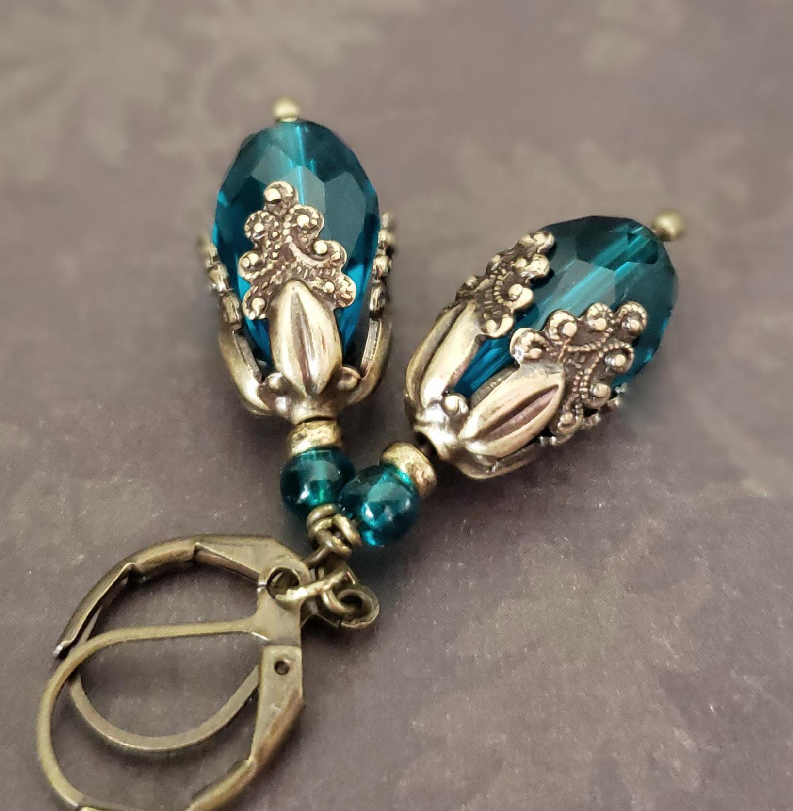 Boucles D'oreilles Vintage Art Nouveau Edwardiennes - Cristal Swarovski Doré - Fait Main, Fermoir Dormeuse