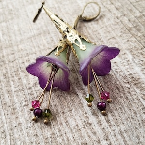 Lucite Trumpet Flower Earrings Hand painted Victorian Purple Green Lily Swarovski crystals Birthday gift idea Romantic Bohemian Wedding image 1