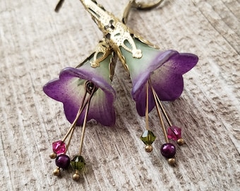 Lucite Trumpet Flower Earrings Hand painted Victorian Purple Green Lily Swarovski crystals Birthday gift idea Romantic Bohemian Wedding