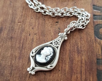 Victorian Cameo Pendant Necklace Black White Lady Antiqued Silver Chain Birthday Gift Romantic Wedding Vintage Dress Gothic Dark Academia