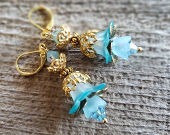 Victorian Lucite Flower Earrings Hand Painted Turquoise Tulips and Lilies Romantic Vintage Gold bead caps Swarovski Crystals  Bride Wedding