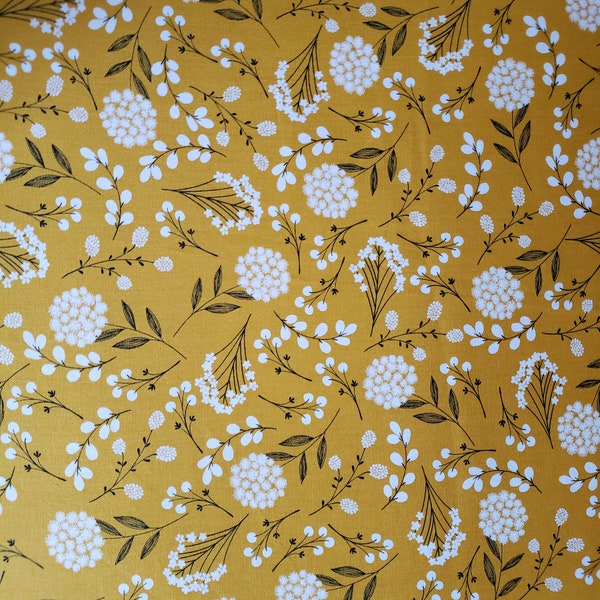 Mustard Woodland Cotton Fabric Gold Yellow White flowers 100% Cotton Apparel Fabric By The Yard Half Yard Fat Quarter Quilting Home Decor