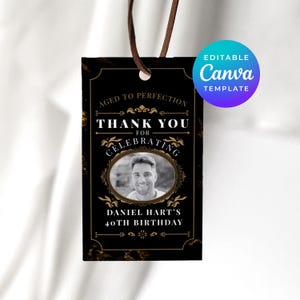 熟成された完璧なサンキュータグ、バーボンをテーマにしたデザイン、男性の40歳の誕生日、編集可能なCanvaテンプレート、印刷可能なパーティーの記念品、デジタルダウンロード4050