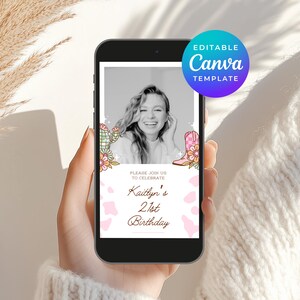 Geanimeerde digitale uitnodiging cowgirl bewerkbare e-uitnodiging canva-sjabloon met foto discothema verjaardag Evite SMS Instant Download 5112