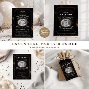 May include: A party bundle with four matching templates. The templates feature a black and gold marble design with a photo and text that reads "Aged to Perfection Celebrating Daniel Hart's 40th Birthday". Includes an invitation, welcome sign, thank you card, and favor tag.