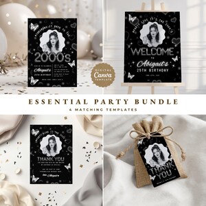 May include: A black and white party bundle with four matching templates. The templates include an invitation, welcome sign, thank you card, and a gift tag. Each template features a photo of a woman, butterflies, and text that reads "2000's" and "Abigail's 25th Birthday".