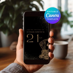 21st Birthday Invitation Casino Mens Black and Gold Invite E-Invitation Template Birthday Electronic Instant Digital Download Canva 3641