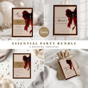 May include: A set of four matching party templates with a burgundy bow design. The templates include an invitation, welcome sign, thank you card, and a tag on a burlap bag. The text includes "Michelle's 30th Birthday".