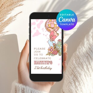 Disco cowgirl verjaardagsuitnodiging digitale bewerkbare geanimeerde thema Evite Canva sjabloon voor sms elektronische uitnodiging Instant Download 5112