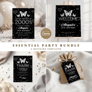 May include: A party bundle with four matching templates. The templates include a black invitation, welcome sign, thank you card, and gift tag, all featuring butterfly and heart designs. The invitation reads "Throwing it back to the 2000's" and celebrates Abigail's 25th birthday.