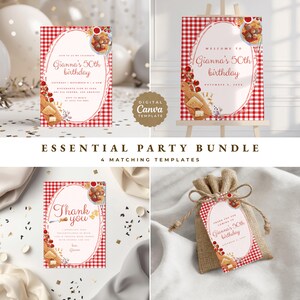 May include: A party bundle with four matching templates. The templates include an invitation, welcome sign, thank you card, and a gift tag. Each template features a red and white checkered background with an oval design and text that reads "Gianna's 50th Birthday".
