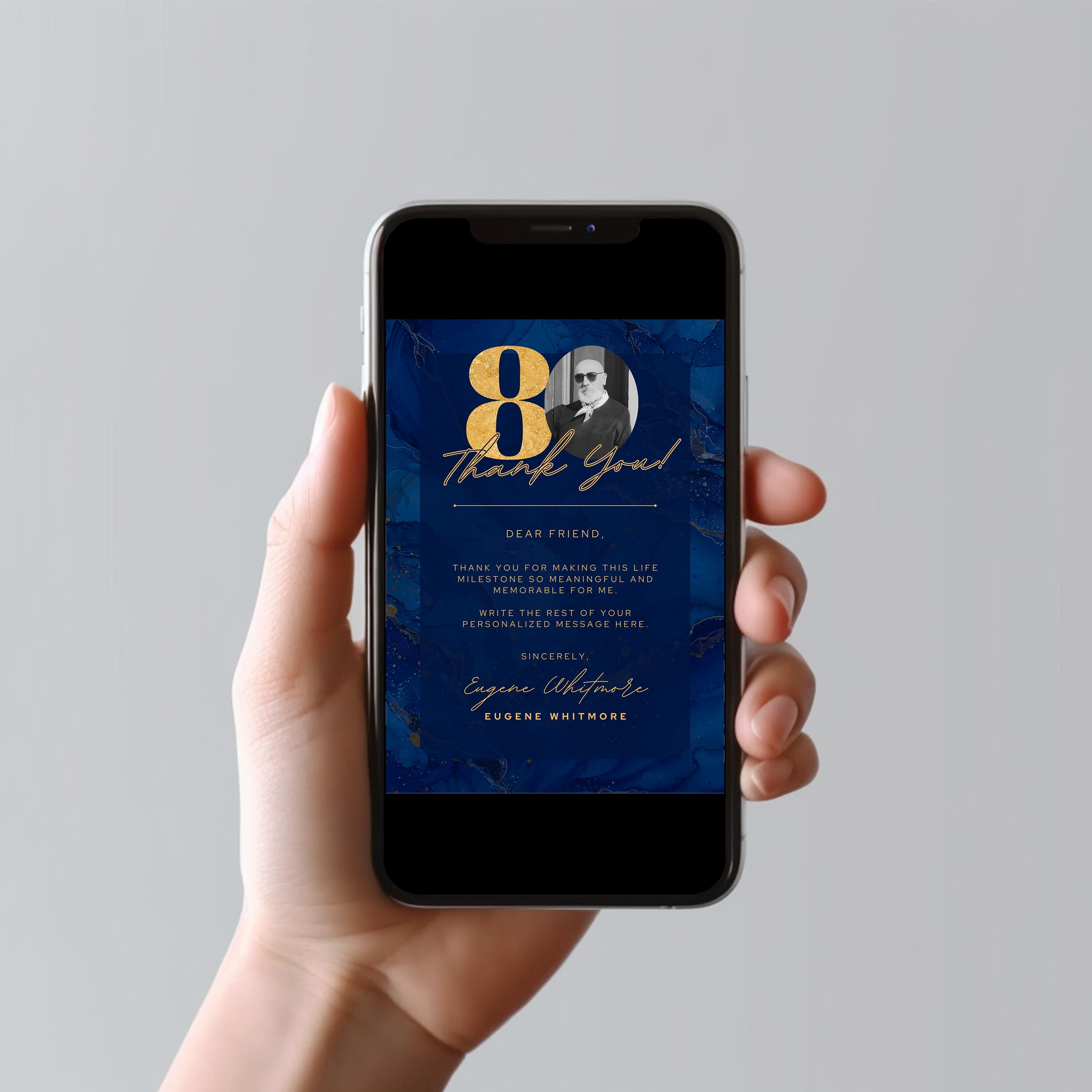 Blue and Gold Birthday Thank You Cards 80th Party Editable Canva ...