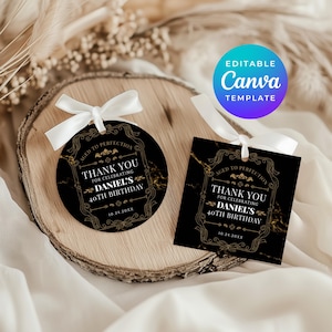 熟成された完璧なサンキュータグ、バーボンの誕生日記念品ラベル、40歳のお祝いパーティーのCanvaテンプレート、編集可能なデジタルダウンロード、男性向けギフト4050