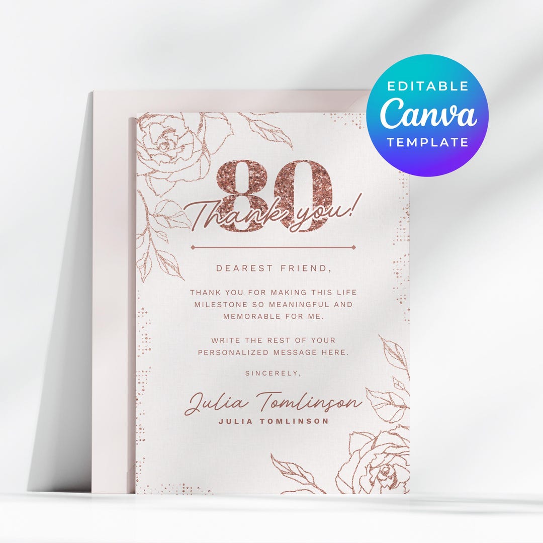 Rose Gold Thank You Card for 80th Birthday Party Editable Canva ...