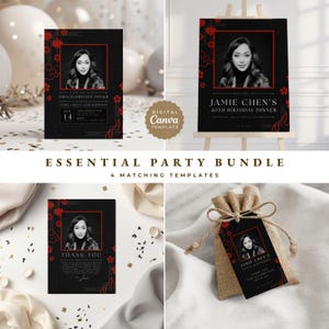 May include: A set of four matching party templates, including an invitation, welcome sign, thank you card, and gift tag. Each template is black with red accents and a photo. The templates are for a 40th birthday dinner.