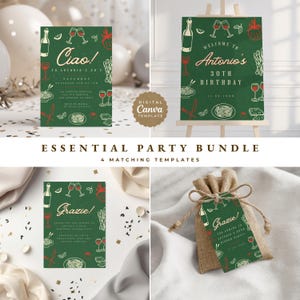 May include: A party bundle with four matching templates. The templates have a green background with white and red illustrations of wine bottles, glasses, and food. The templates include invitations, a welcome sign, and gift tags.