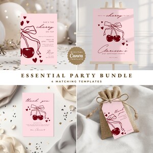 May include: A party bundle with four matching templates, all with a cherry design. The set includes a pink invitation, a sign on an easel, a thank you card, and a gift tag. Text includes "She's the cherry on top" and "Clarissa's 21st Birthday Party".