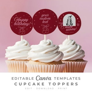 Decorazione per torta con ciliegina sulla torta, fiocco rosa, ciliegie rosse per lei, decorazioni per torte, modello Canva stampabile, download 0540