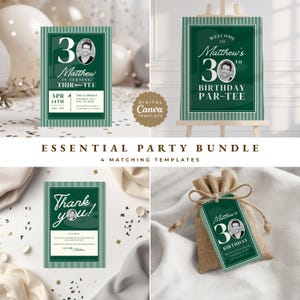 May include: A set of four matching party templates, including a birthday invitation, welcome sign, thank you card, and gift tag. Each design features a green and white striped border, the number 30, and a photograph.