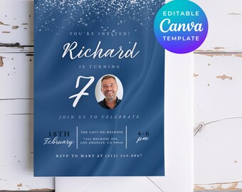 70th Birthday Invitation for Men, Blue Silver Photo Party Invite, Male Milestone Editable Canva Download, Personalized Template Pic 0631