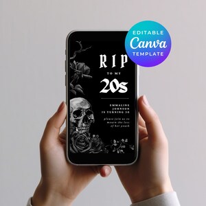 Rip To My 20s digitale uitnodiging Goth thema verjaardag bewerkbare e-uitnodiging canva sjabloon voor sms elektronische Evite Instant Download 6676