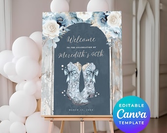 Western Rodeo Welcome Sign, 40th Birthday Party Decor, Floral Country Canva Template, Instant Download Printable Poster Cowgirl Blue 2151