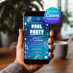 Teenage Pool Party Invite Glow In The Dark thema 17 verjaardagsuitnodiging jongen bewerkbare geanimeerde video Evite Canva-sjabloon voor sms'en 0437