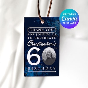 Shades Of Blue 60th Birthday Party Favors with Photo Thank You Gift Tags Editable Canva Printable Template Instant Digital Download 3831