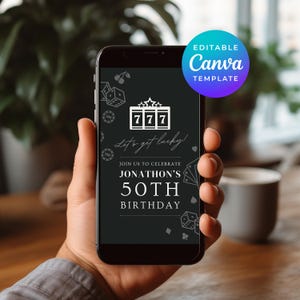 50e verjaardagsuitnodiging casino bewerkbare themafeest e-vite canva sjabloon voor sms'en elektronische uitnodiging direct digitaal downloaden 4870