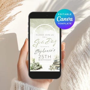 Spa thema verjaardagsuitnodiging salie groen en goud bewerkbare geanimeerde E-Vite Canva sjabloon uitnodigen voor sms Instant Digitale Download 3563