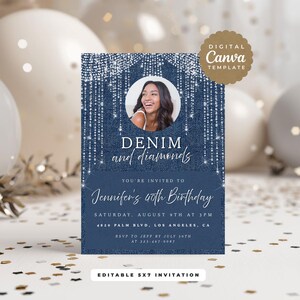 May include: A rectangular invitation card featuring a dark blue denim texture background with a silver glitter fringe design at the top. It includes a circular photo placeholder, the text "DENIM and diamonds", and event details for a 40th birthday.